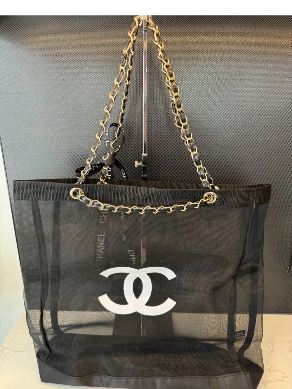 New CC Black Mesh Tote with Logo and Matching Cosmetic Pouch - Picture 6 of 6